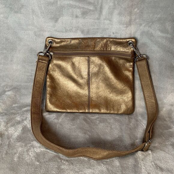 Fossil Crossbody Bag Front Pockets Metallic Bronze/Chocolate Pebbled Leather - Picture 3 of 16